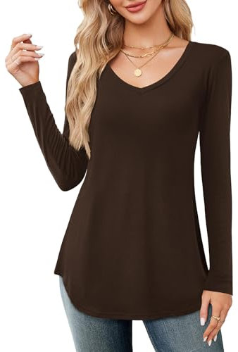 Beluring Shirts Damen Langarm Einfarbig Tshirt V-Ausschnitt Tunika Locker Mode Longshirt Braun XXL