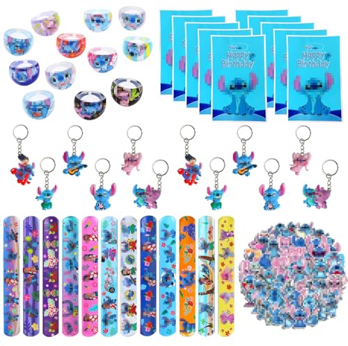 SolWonder 96Pcs Regalos para Fiestas de Cumpleaños, Favores para Fiesta, 12 Pulseras, 12 Anillo Acrilico, 12 Llavero, 50 Pegatinas, 10 Bolsa de Regalo