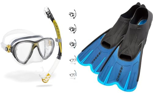 Cressi Big Eyes Evo Alpha Ultra Dry Schnorchelset Schnorcheln Set & Agua Short Flossen Kurze Schnorchel-und Schwimmflossen, Blau, 43/44
