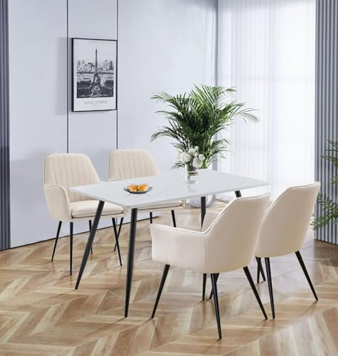 Hallowood Furniture Cullompton 4 Seater Dining Table and Chairs, 120x70cm | White Marble Effect Kitchen Table and Chairs Set 4 in Beige Fabric, Space Saving Dining Room Sets for Home, Apartment or Cafe
