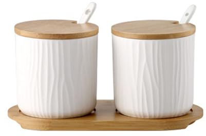 MIATTCLD Keramik Gewürzdosen 2er Set, Zuckerdose mit Löffel und Bambus Deckel, 300ml/10.2 oz Gewürzgläser für Zucker, Käse, Salz, Gewürze