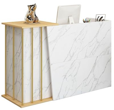 GAOXIAO Empfangstheke Modern, Kassentheke Marmor Stil, Rezeptionstresen Klein mit Abschließbarer Schublade, Rezeption Schreibtisch für Laden Büro Messe Firmenhallen Hotel