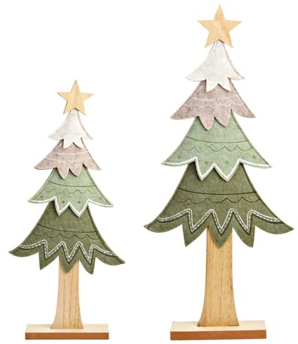 Tannenbaum Aufsteller Set für Innen - Außergewöhnliche Weihnachtsdeko im Kunstfell-Look, Winterdeko Bäume mit Holz - skandinavische Dekofiguren grün für winterliche Tisch- und Weihnachtsdekoration