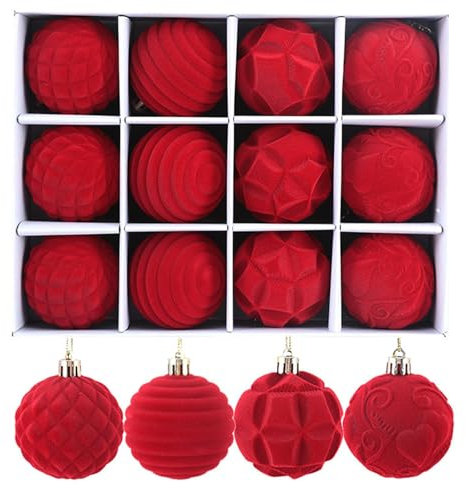 12 rote Weihnachtskugeln, rote Samtkugeln, beflockte Weihnachtsbaumkugeln, Samtkugeln, lebendige Farben, Weihnachtsdekoration, hängende Ornamente, Weihnachtsbaum-Anhänger