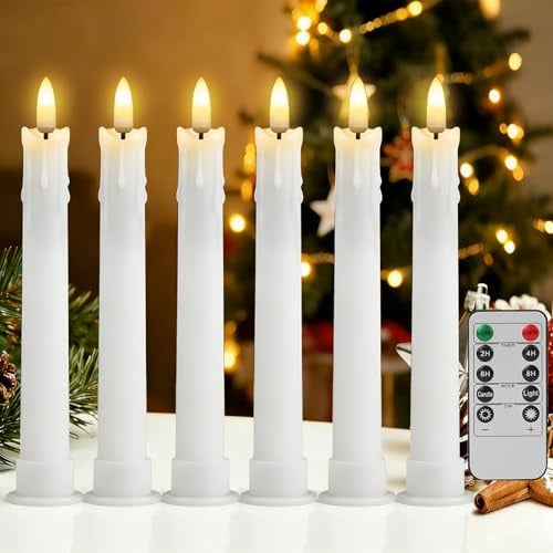 wiipara Flackernde LED Stabkerzen mit Timerfunktion, 6 Stück 17cm Weiß | Mit Fernbedienung & Sockel, Flammenlose Tropfwachs LED Kerzen für Weihnachten Hochzeiten Heimdekoration, Tropfeneffekt
