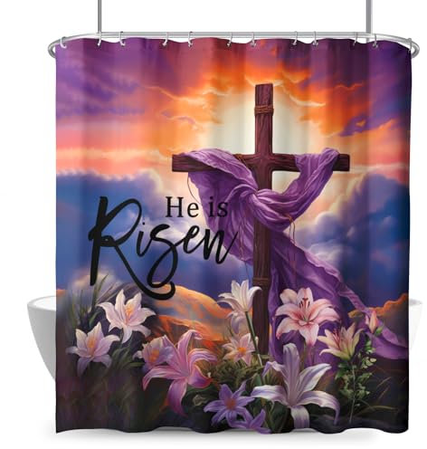 Dacawin Duschvorhang mit Ostermotiv 'He is Risen', violette Blumen, 183 x 183 cm, für Badezimmer
