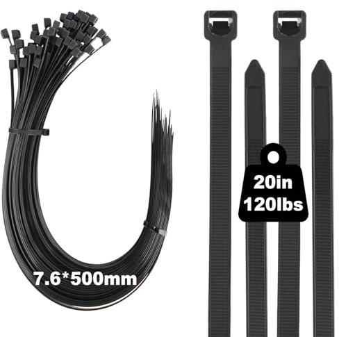 20 inch Cable Ties Long, 100 Pack 120 lbs Heavy Duty Zip Ties, 500 mm x 7.6 mm Black Nylon Plastic Self Locking Cable Wrap with UV Resistant for Tidy Wires, Machinery, Workshop, Outdoor and Garden