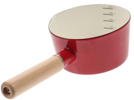 COLLBATH 1000ml Small Enamel Saucepan Red Solid Wood Handle Thickened Milk Pan for Baby Food Cooking Kitchen Pot