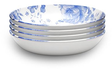 Wade WA967039BLU Blue Floral Set of 4 Pasta Bowls with Pale Blue & White Floral Pattern, Crafted from Earthenware, Made in Stoke-on-Trent, 22.5cm, Blue