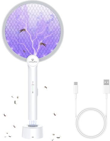 GooQand 4000v Mata Mosquitos Electrico, Matamoscas Electrico Avec Base de Recharge Pour L'IntéRieur et L'ExtéRieur, USB Double Couche de Protection Efficace Repelente Mosquitos(1PC)