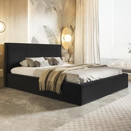 MOTIVENA Boho Polsterbett 160x200 mit Bettkasten, mit Stauraum, Bett Kopfteil Samt, ohne Matratze, Bett Samt, Schwarz