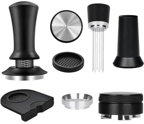 DENEWERK 58mm Kaffee Tamper aus 304 Edelstahl Espresso Nadel Kaffeestampfer Kaffeestempel WDT Tool inkl. Tampermatte Kaffeerührer Kaffeepulverring Espresso-Verteiler