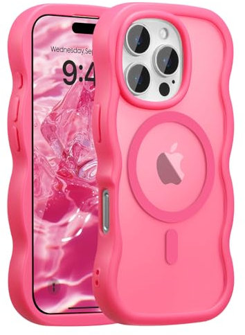 UEEBAI Coque Magnétique pour iPhone 12/12 Pro Compatible avec Recharge sans Fil, Wave Frame Étui en Silicone Liquide, Housse de Protection Antichoc Bumper Cover Case avec Anti-Rayures, Rouge Rose