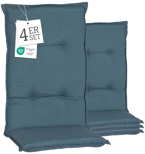 Beo® Turin Hochlehner Gartenstuhl-Auflagen 4er Set | Waschbar bei 30° | Made in EU nach Öko-Tex Standard | Atmungsaktive & UV-beständige Sitzkissen Outdoor | 118x46x8 cm