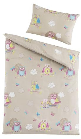 STEINWOHN 2 TLG. Kinder-Bettwäscheset | 100% Baumwolle | Renforcé Bettwäsche | Kopfkissen 40x60 Bettdecke 100x135cm (Eule)
