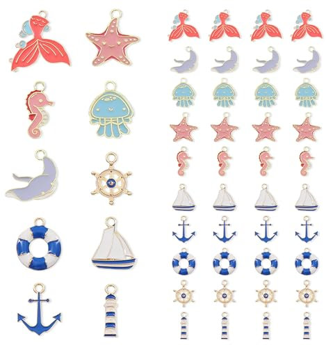 PYSEOSISE Emaille Charms Anhänger Set, 50 Stück Emaille Anhänger, Ozean Themen Armband Anhänger Emaille Charm für Herstellen Armbänder Ohrringe Halsketten Schlüsselzubehör DIY