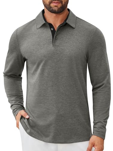COOFANDY Mens Long Sleeve Polo Shirts Button Casual Tee Collared Work Pullover Shirts, Light Grey, Medium