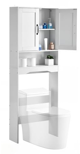 VEVOR Over The Toilet Storage Cabinet, 65 in Height Bathroom Storage Organizer with Double Door and Adjustable Shelf, Bathroom Space Saver Organizer Above Toilet with Open Shelf, White
