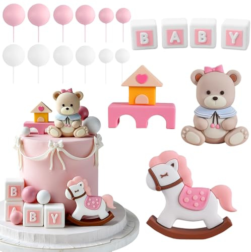 XFSRG Décoration de Gâteau Ours Décor de Gâteau Cheval Voiture Happy Birthday Decoration Boules Baby Shower Cake Accessoires pour Garçon Cadeau de Naissance (Rose)