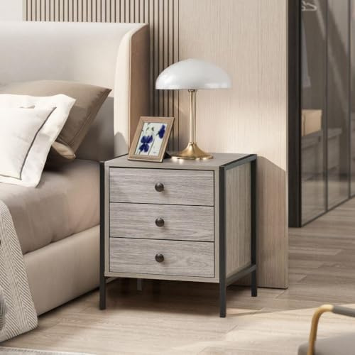 Alva Grey Oak 3 Drawer Bedside Table, Nightstand, Side Table, with Black Metal Frame, 53H x 40D x 45Wcm, Bedroom Furniture, Storage Cabinet