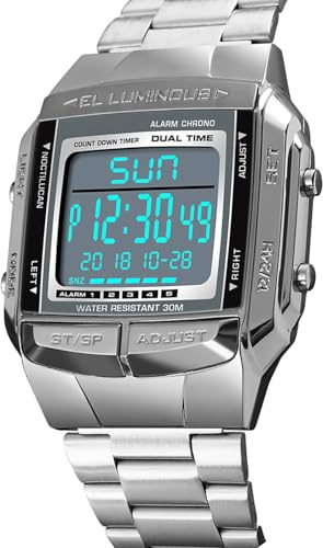 Brrnoo Men Analog Digital Watch, Fashion Casual Sports Armbanduhr, 2 Mal 5 Alarm, 3ATM Wasserdichtes Edelstahlgurt, Hintergrundbeleuchtung Multifunktionale Uhren, für Geschäftsleute, (Silver)