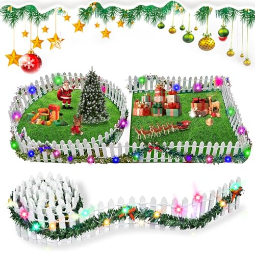 Aohcae Wichtel Zubehör Weihnachten, 100 cm x 5 cm Miniatur Zaun Holz Weiß Miniatur Wichtel Zubehör mit Farbiges Licht, Wichtel Zubehör Zaun für Miniatur Fee Garten Modellbau Blumentopf