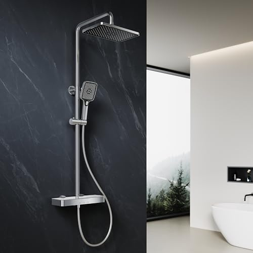 ELEGANT Thermostatic Shower Mixer Set with 12 Square Rainfall Shower Head, Stainless Steel Body, 3 Modes Square Shower Head with Mobile Stand, Tub Spout, Anti-Leak Hose, Anti-Scald,Easy Install