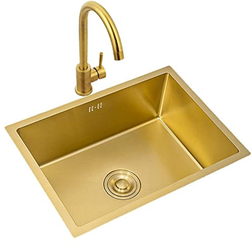 XCHSXYL Single Bowl Sink Kitchen Bar Sink Gold 304 Stainless Steel RV Sink with Large Bend Faucet & Drain Basket Top Mount Or Undermount