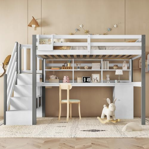 Merax Letto a mezza altezza per bambini, 90 x 200 cm, con scatola di immagazzinaggio, scrivania, scala laterale e scaffale aperto, bianco+grigio, certificato EN747