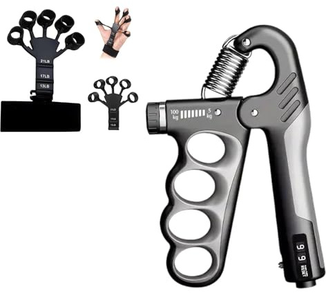 Verstellbarer Hand Grip Trainer mit Zähler – 5–100kg Unterarm- & Handgelenkstrainer, Mechanischer Handmuskeltrainer für Krafttraining, Reha, Klettern, Fitness & Stressabbau (Grau (Set))