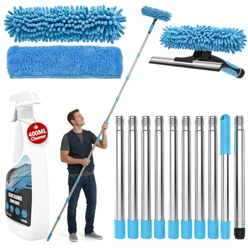 14.8Ft (4.5m) Window Cleaning Equipment Set Includes 400ml Window Cleaner & 2-in-1 Window Squeegee with Extendable Cleaning Pole, Streak-Free Window Cleaning Kit for High Window, Solar Panel,Car RV