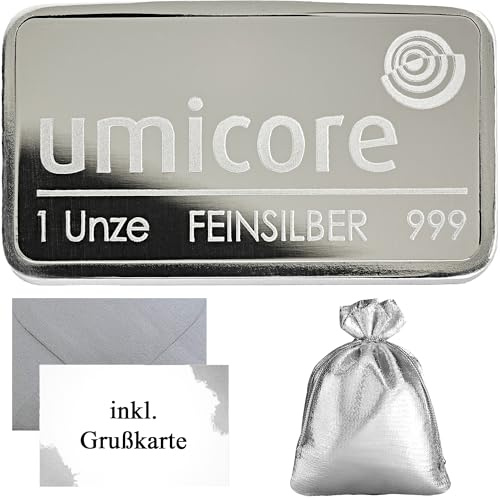 Silberbarren Umicore 999 Feinsilber – LBMA-zertifiziert – Anlagesilber mit Geschenkverpackung und Grußkarte (31,1g Silber)