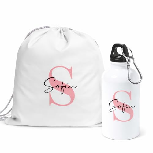 Pack Mochila y Botella Personalizada Inicial y Nombre Cuadro Vichy Botellas