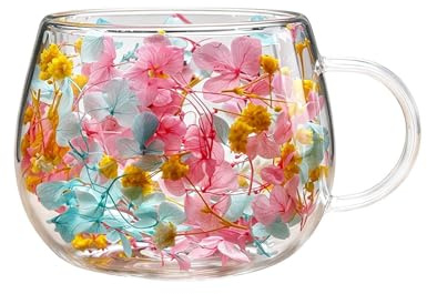 Qizeroty Tasse À Café En Verre À Double Paroi Avec Fleurs Séchées, Cadeau Pour Femme, Tasses Transparentes Pour Cappuccino, Thé, Latte, Boissons Chaudes, Jolie Tasse En Verre À Double Paroi, 250 Ml