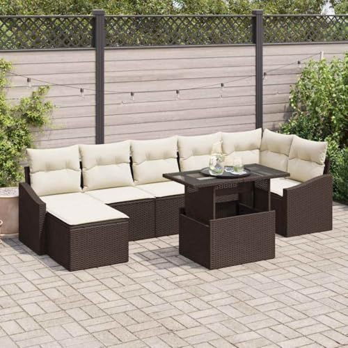 sephironlbb Juego de sofás de jardín de polirratán con cojines, 8 piezas, color marrón y crema, resistente a la intemperie, modular con patas ajustables, ideal para terraza, balcón y piscina