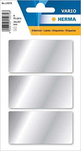 HERMA 15079 Vielzweck-Etiketten silber, 9 Stück, 34 x 67 mm, 3 pro Bogen, selbstklebend, Haushaltsetiketten zum Beschriften für Kalender Planer, glänzend, blanko Papier Klebeetiketten Aufkleber