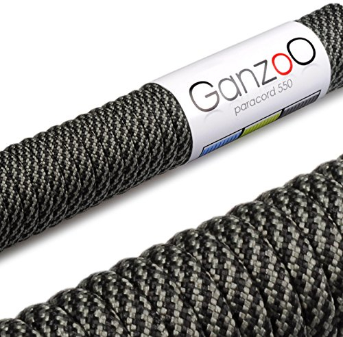 Ganzoo Paracord 550 Seil, Nylon-Polyester, 4mm, Typ 3, 30 Meter, 7 Kernstränge, Outdoor-Schnur, Allzweck-Seil, Hundehalsband, Hundeleine, Armband knüpfen, Camping, Survival - grau schwarz