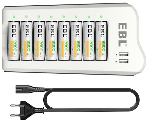 EBL 8PCS Piles Rechargeables AA 2800mAh+ Chargeur de Piles Rechargeables 8 Slots, avec 2 USB Ports pour Accus AA/AAA/Ni-MH et Smartphone Tablette Rechargeable Rapide