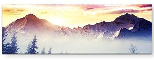 Eau Zone Wandbild auf Leinwand 120x40cm Winterwald mit Bergen im Hintergrund