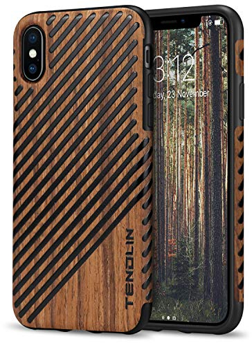 TENDLIN Compatible with iPhone XS Case/iPhone X Case Wood Grain and Leather Design Soft TPU Silicone Hybrid Slim Case Compatible with iPhone X and iPhone XS (Brown Wood & Leather)
