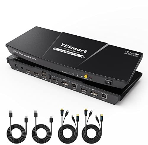 TESmart 2-Port KVM Switch for 2 Computers: Dual Monitor 4K@60Hz (3840x2160, 4:4:4) | HDMI & DisplayPort Inputs w/EDID Emulator | USB Hub, Audio Jack | Hotkey/IR/Button Switching | Zero Delay K&M