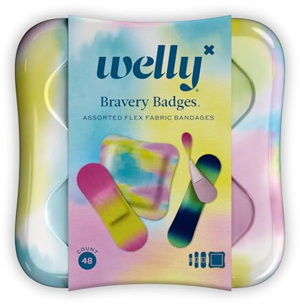 Welly Bandages | Adhesive Flexible Fabric Bravery Badges | Assorted Shapes for Minor Cuts, Scrapes, and Wounds | Colorful and Fun First Aid Tin | Colorwash Tie Dye Patterns - 48 Count