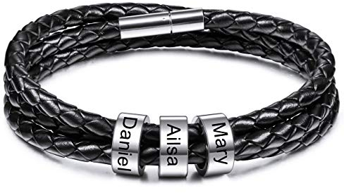 MeMeDIY Personalisierte Armbänder Gravur 2-6 Namen ID für Frauen Männer Echtes Leder Edelstahl Perlen Geflochtene Manschette Brautjungfer Geschenke Bester Freund (3 Silber perlen)