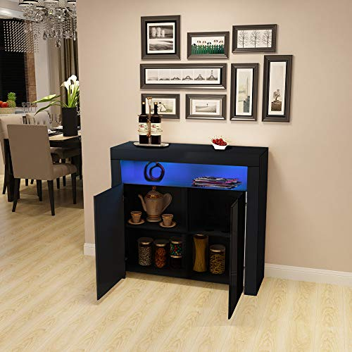 Commode de Eclairage LED Meuble de Rangement avec 4 Compartiments de Stockage + 2 Portes sur Salon, Chambre, 107 x 35 x 97 cm (Couleur de Noir)