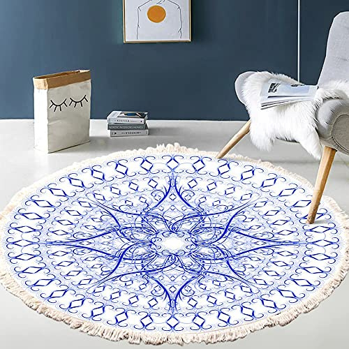 Tapis rond en coton tissé à la main - Motif mandala - Style bohème vintage - Avec pompons - Lavable en machine - Pour chambre à coucher, couloir, salon, table basse - 90 cm - Fleurs #10