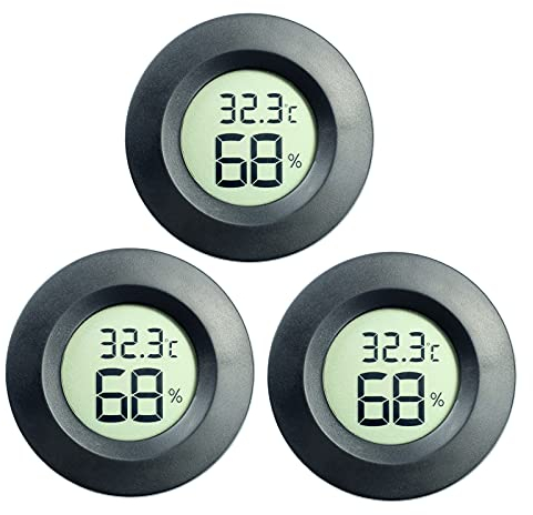 DIFCUL Hygrometer Thermometer Celsius Monitor LCD Digital Feuchtigkeitsmesser für Luftbefeuchter Gläser Inkubatoren Koffer Gitarre Reptilien Gewächshaus Auto (3 Stück, schwarz)