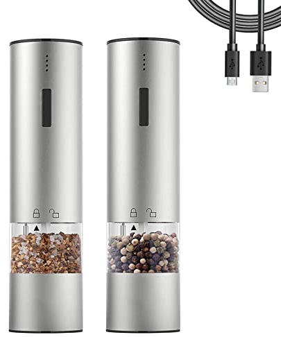 LTLWSH Moulin a Poivre Electrique, Moulin a Sel Acier Inoxydable Moulin à épices électrique Moulin à Poivre et sel Rechargeable, Taille de Grain Réglable, Sel et Poivre Moulin avec Lumière LED,2pcs