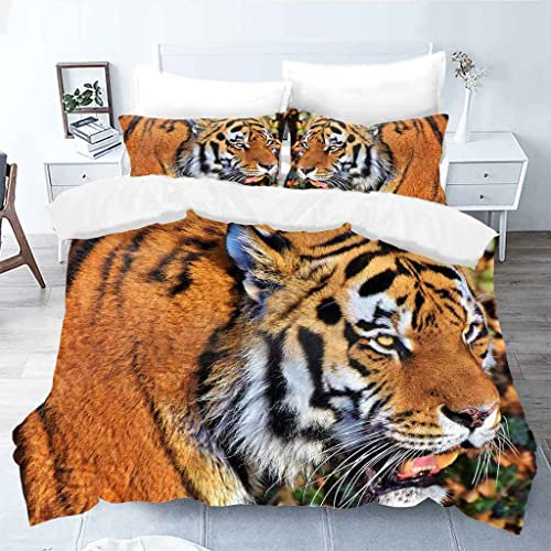 MUCXBE Kinder Bettwäsche 3 Teilig 135x200cm Mikrofaser Kinder Baby Bettbezug Set 3D Druck Orange Tier Tiger Weiche Gemütlich Flauschige Bettbezüge Mit Reißverschluss Und 2 Kissenbezu