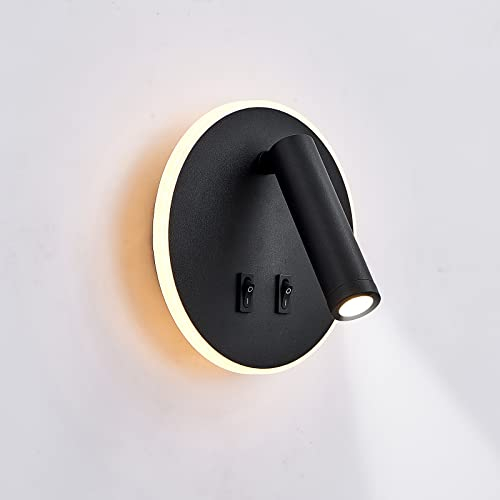 uksunvi Lámpara de pared LED, lámpara de pared de lectura junto a la cama, lámparas de lectura de pared LED de 12 W, foco ajustable (3 W + 9 W 3000 K luz cálida) (negro Forma redonda)