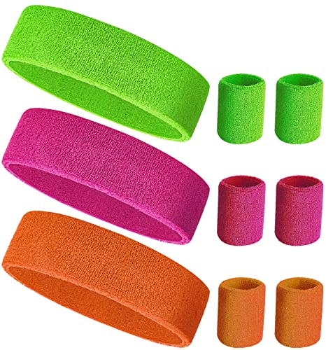 Esteopt 9-teiliges Neon-Schweißband-Set, 3 Farben, Sport-Schweißbänder, 80er-Jahre-Vintage-Sport-Stirnband-Armband für Laufen, Radfahren, Karneval, Kostüme, Dekoration